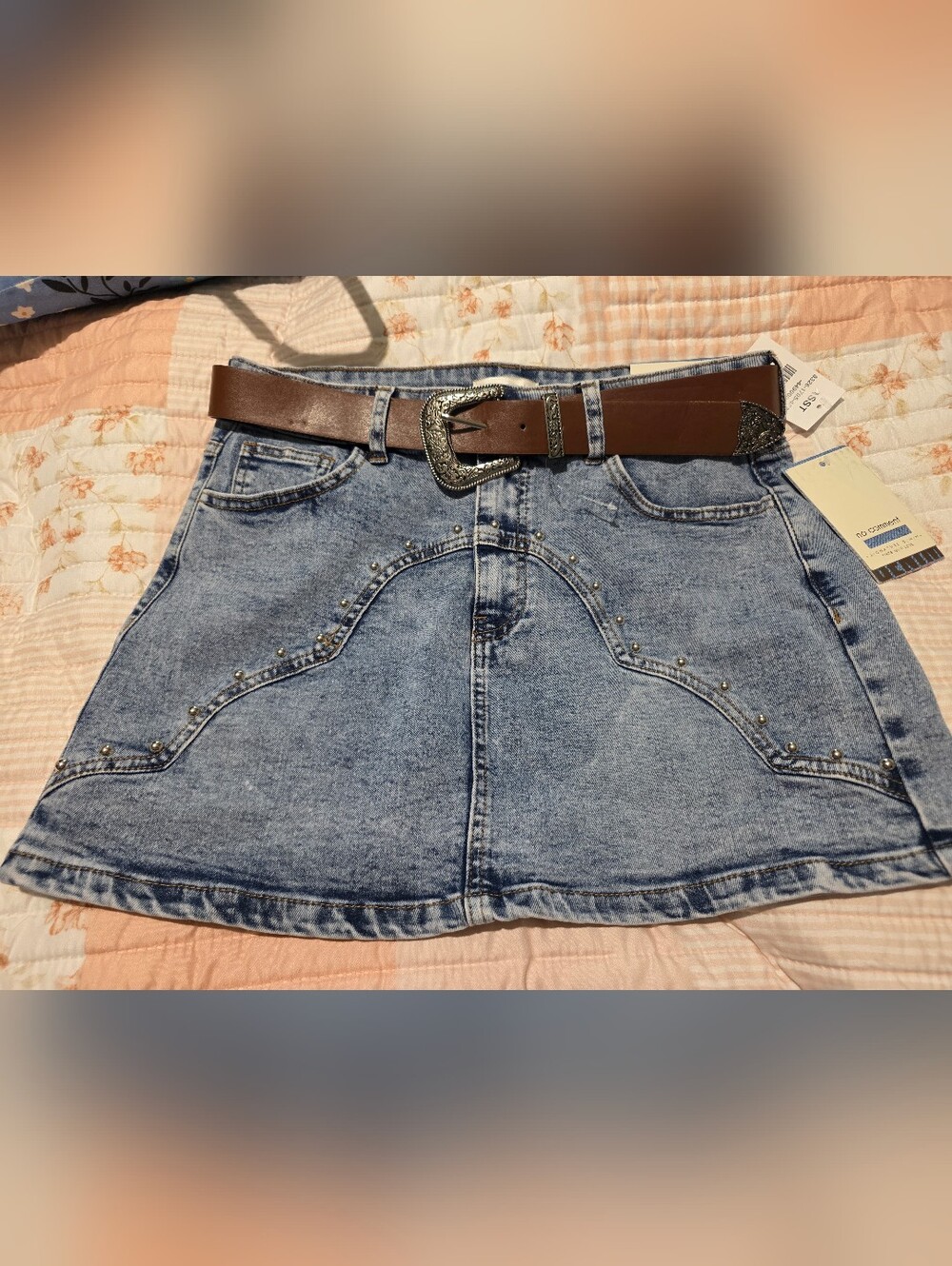 Denim Mini Skirt with Pearl Stud Details And Belt